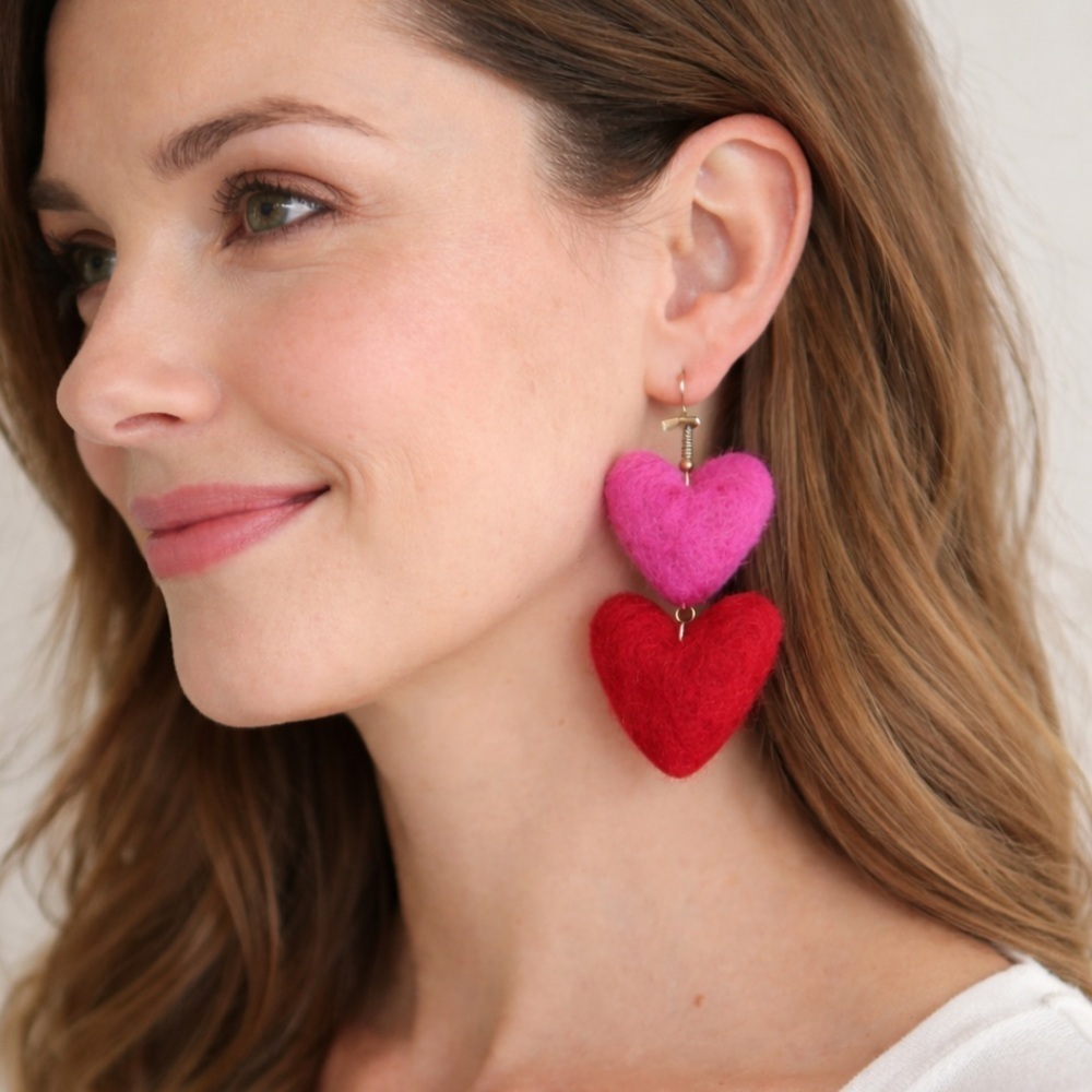 Handmade Artisan Dangle Wool Double Heart Statement Earrings Valentines Romantic